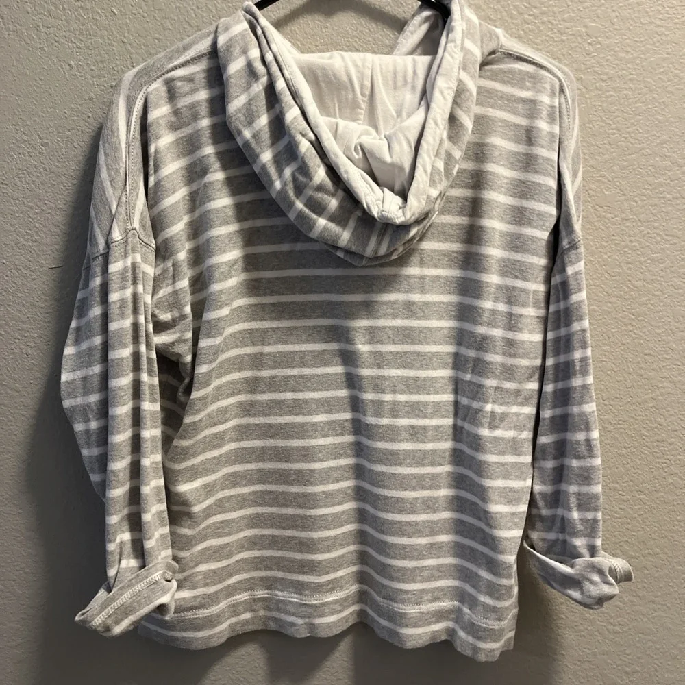 Lauren Ralph Lauren Womens Large Henley Style Shirt‎ W/hood Gray White Striped